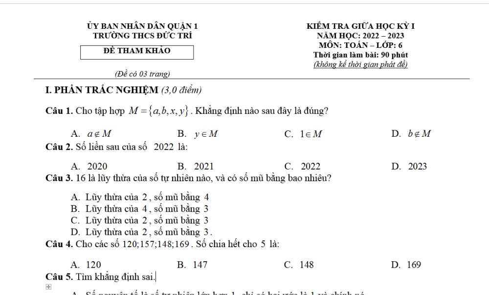 Toán 6: Đề kiểm tra giữa học kì 1. Trường THCS Đức Trí - Quận 1 năm học 2022-2023